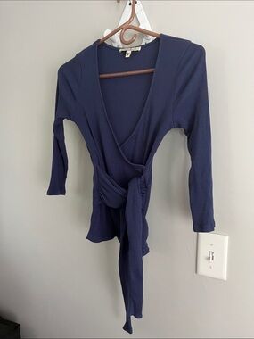 Express Navy Ribbed Wrap Top with Self-Tie